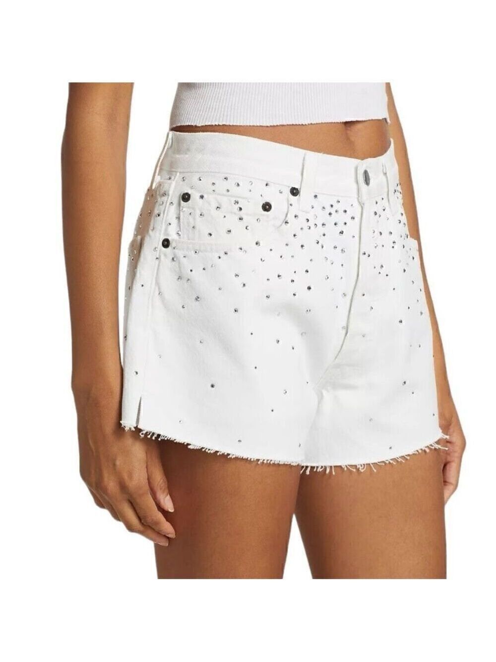 Re/done & Pam Crystal Mid-rise White Denim Shorts Size 32 (10-12) - Picture 7 of 14